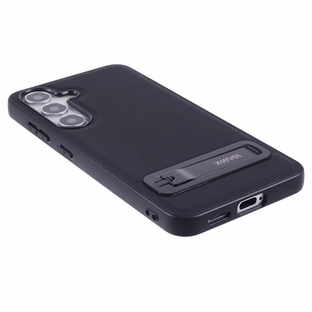 X-LEVEL For Samsung Galaxy S25 Phone Case Leather Coated PC TPU Back Cover with Metal Kickstand - Black - 6