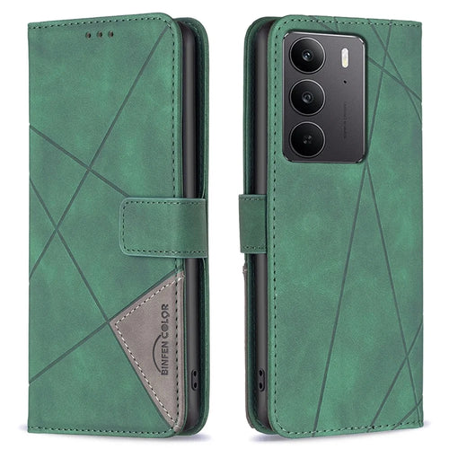 BINFEN COLOR For Realme C75 Phone Cases Wallet Stand Geometry Imprint Leather Cover - Green - 1