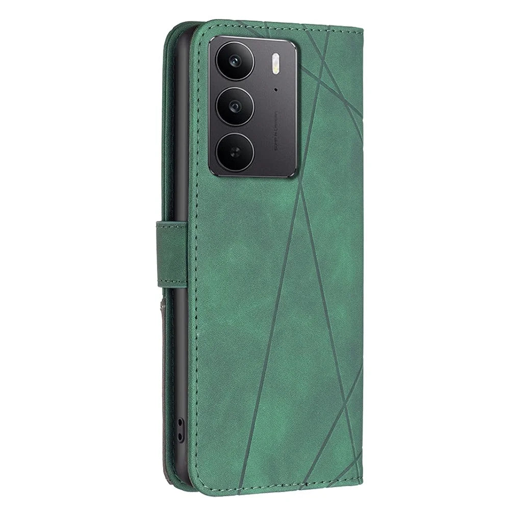 BINFEN COLOR For Realme C75 Phone Cases Wallet Stand Geometry Imprint Leather Cover - Green - 5
