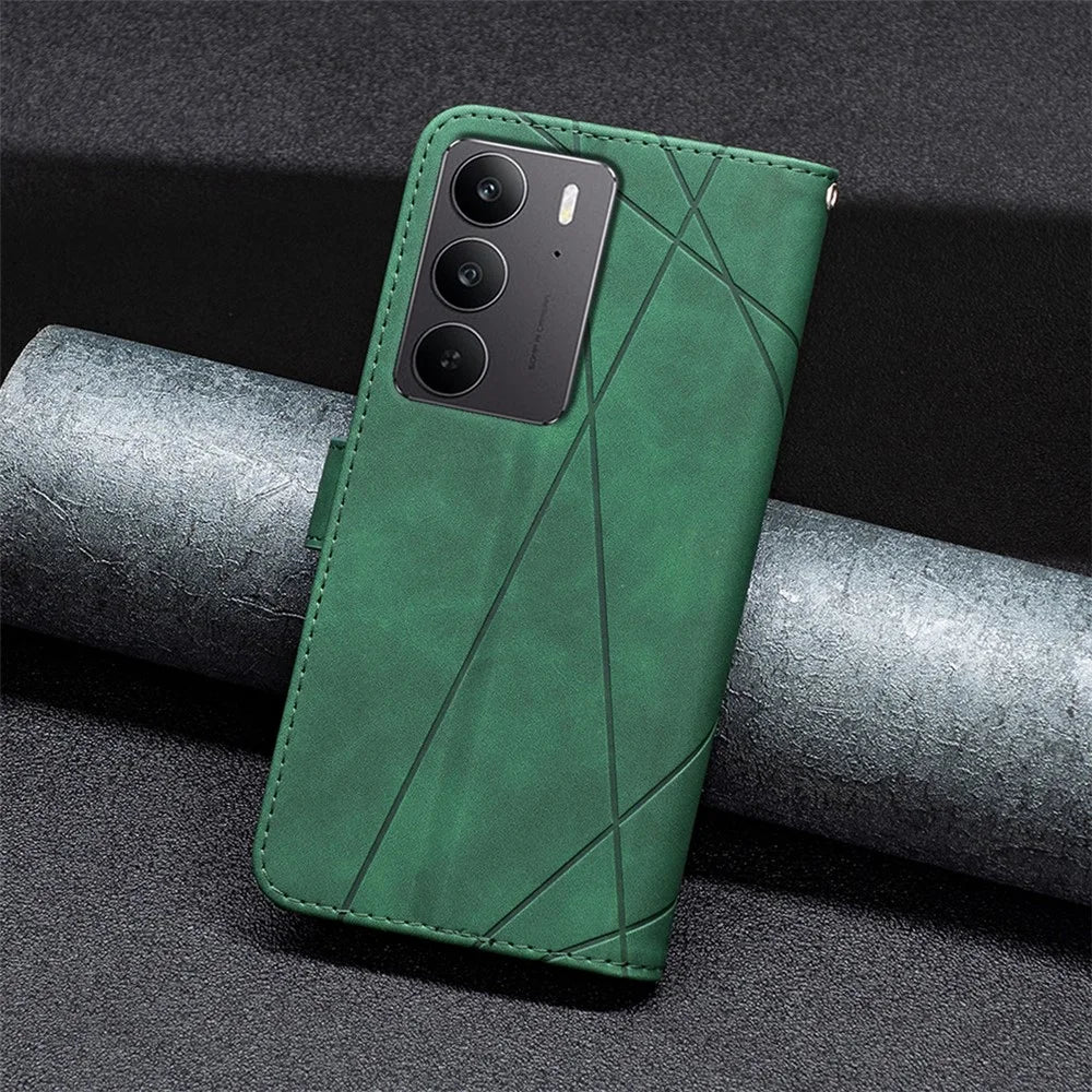 BINFEN COLOR For Realme C75 Phone Cases Wallet Stand Geometry Imprint Leather Cover - Green - 7