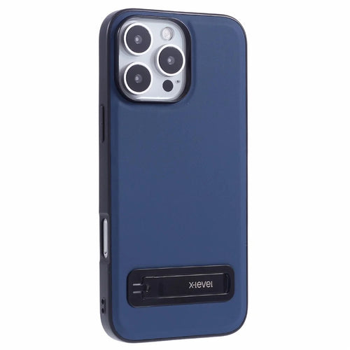X-LEVEL For iPhone 16 Pro Max Phone Case Leather Coated PC TPU Back Cover with Metal Kickstand - Blue - 1