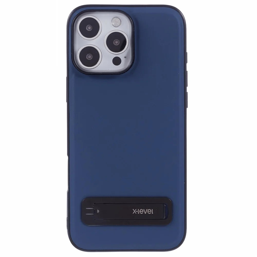 X-LEVEL For iPhone 16 Pro Max Phone Case Leather Coated PC TPU Back Cover with Metal Kickstand - Blue - 3