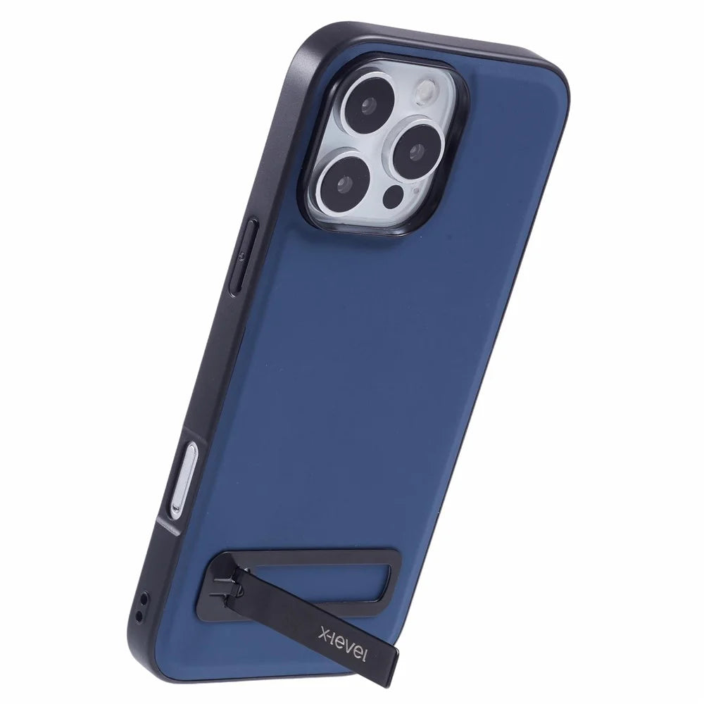X-LEVEL For iPhone 16 Pro Max Phone Case Leather Coated PC TPU Back Cover with Metal Kickstand - Blue - 4