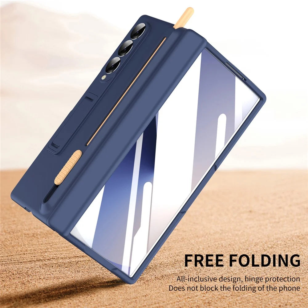 For Samsung Galaxy Z Fold4 5G Kickstand Phone Case with Tempered Glass Screen Protector and Stylus Pen - Sapphire - 6