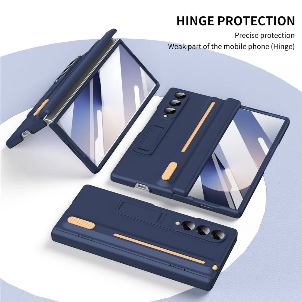For Samsung Galaxy Z Fold5 5G Kickstand Phone Case with Tempered Glass Screen Protector and Stylus Pen - Sapphire - 5