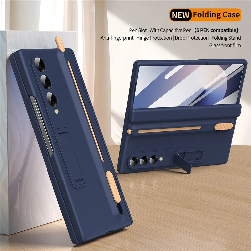 For Samsung Galaxy Z Fold6 5G Kickstand PC Phone Case with Tempered Glass Screen Protector and Stylus Pen - Sapphire - 2