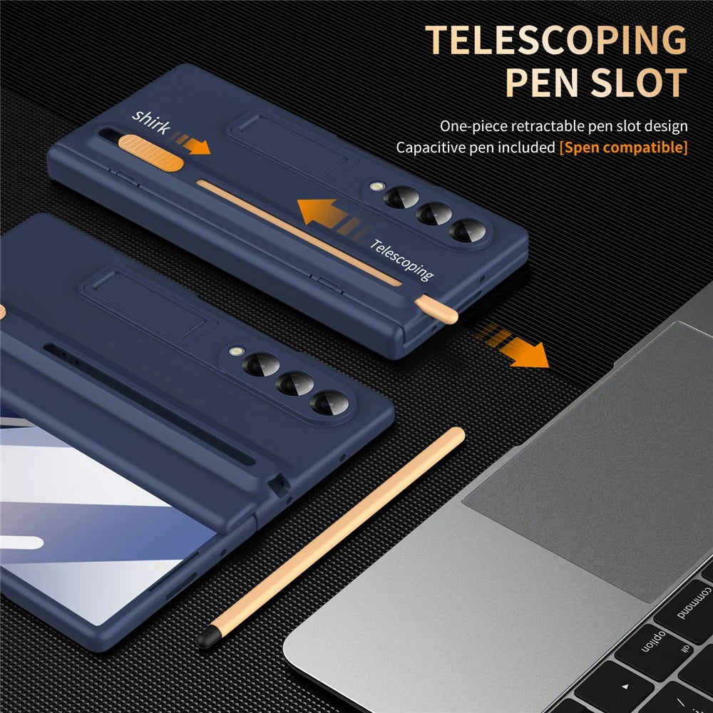 For Samsung Galaxy Z Fold6 5G Kickstand PC Phone Case with Tempered Glass Screen Protector and Stylus Pen - Sapphire - 3
