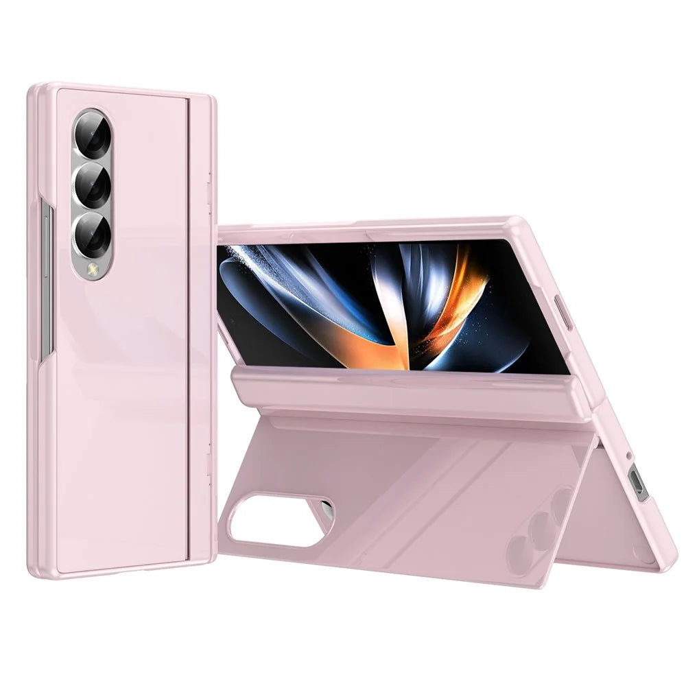 For Samsung Galaxy Z Fold3 5G PC Phone Case with Back Cover Kickstand and Tempered Glass Film - Pink - 1