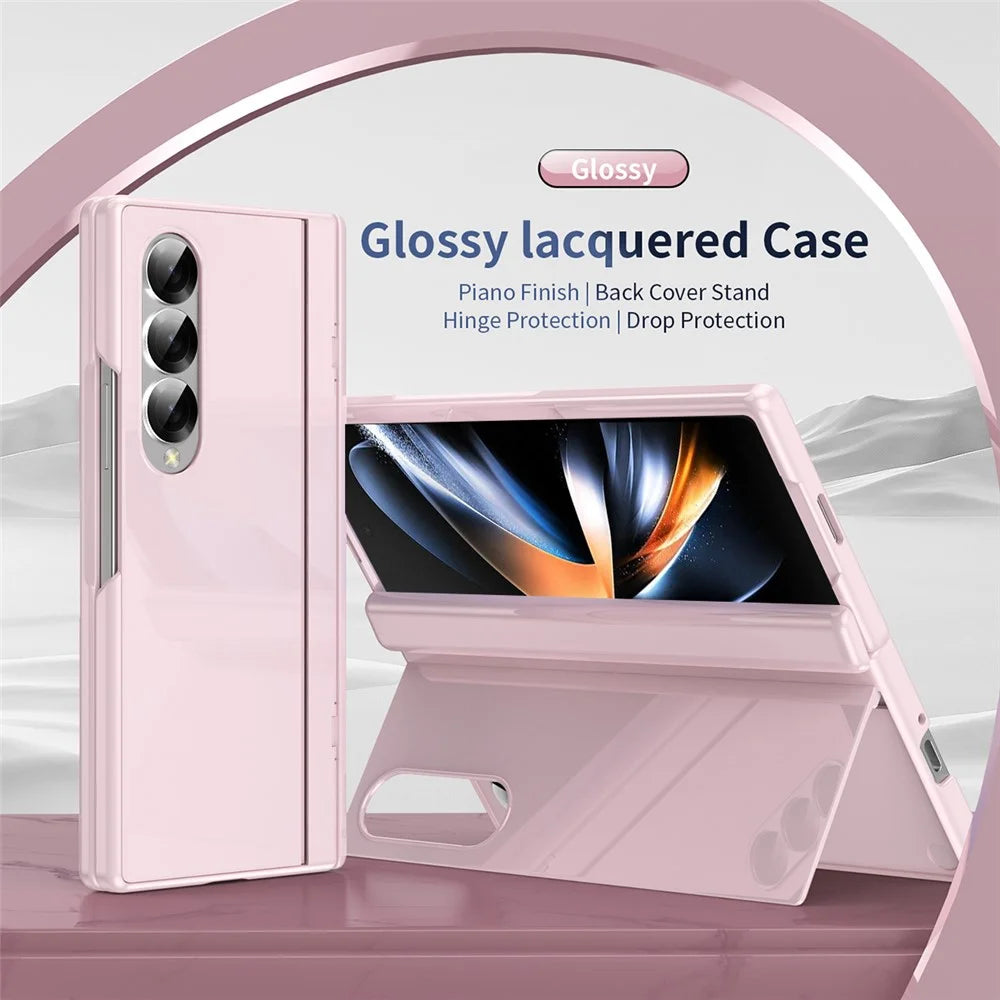 For Samsung Galaxy Z Fold4 5G PC Phone Case with Back Cover Kickstand and Tempered Glass Film - Pink - 2