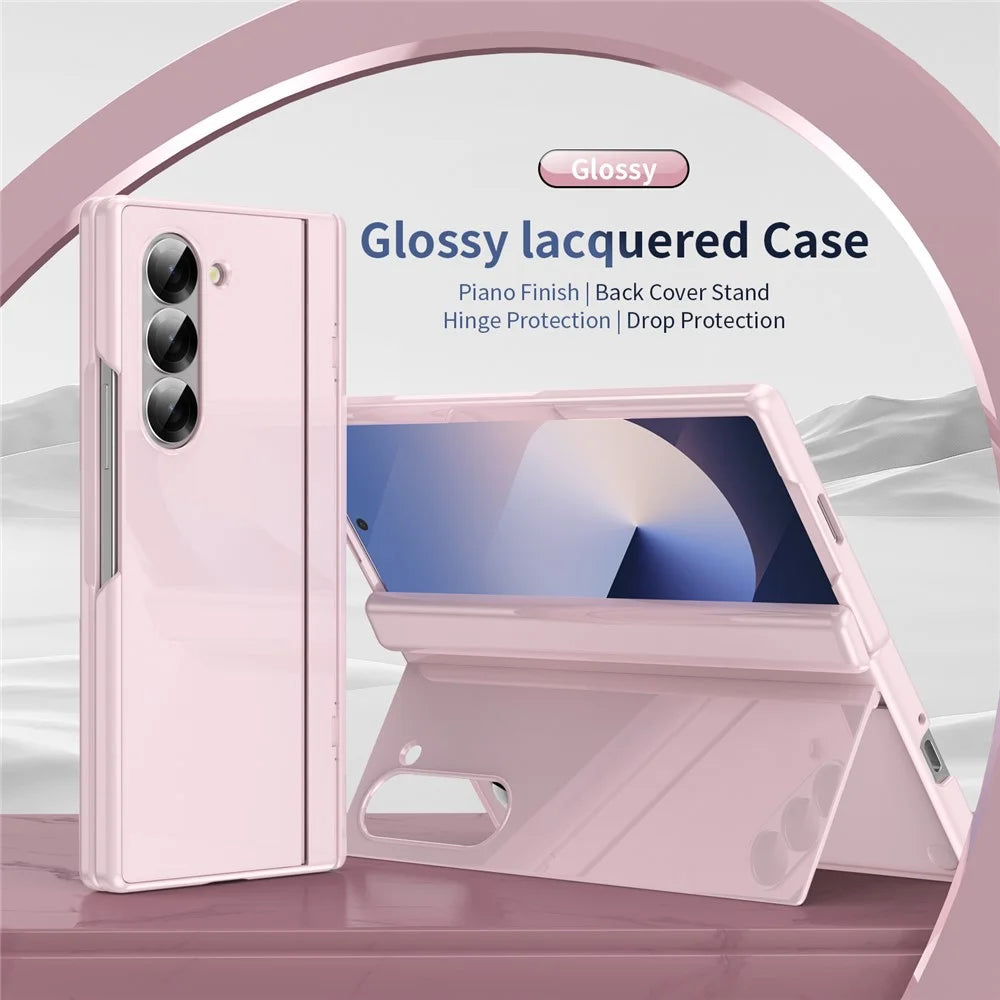 For Samsung Galaxy Z Fold5 5G PC Phone Case with Back Cover Kickstand and Tempered Glass Film - Pink - 2