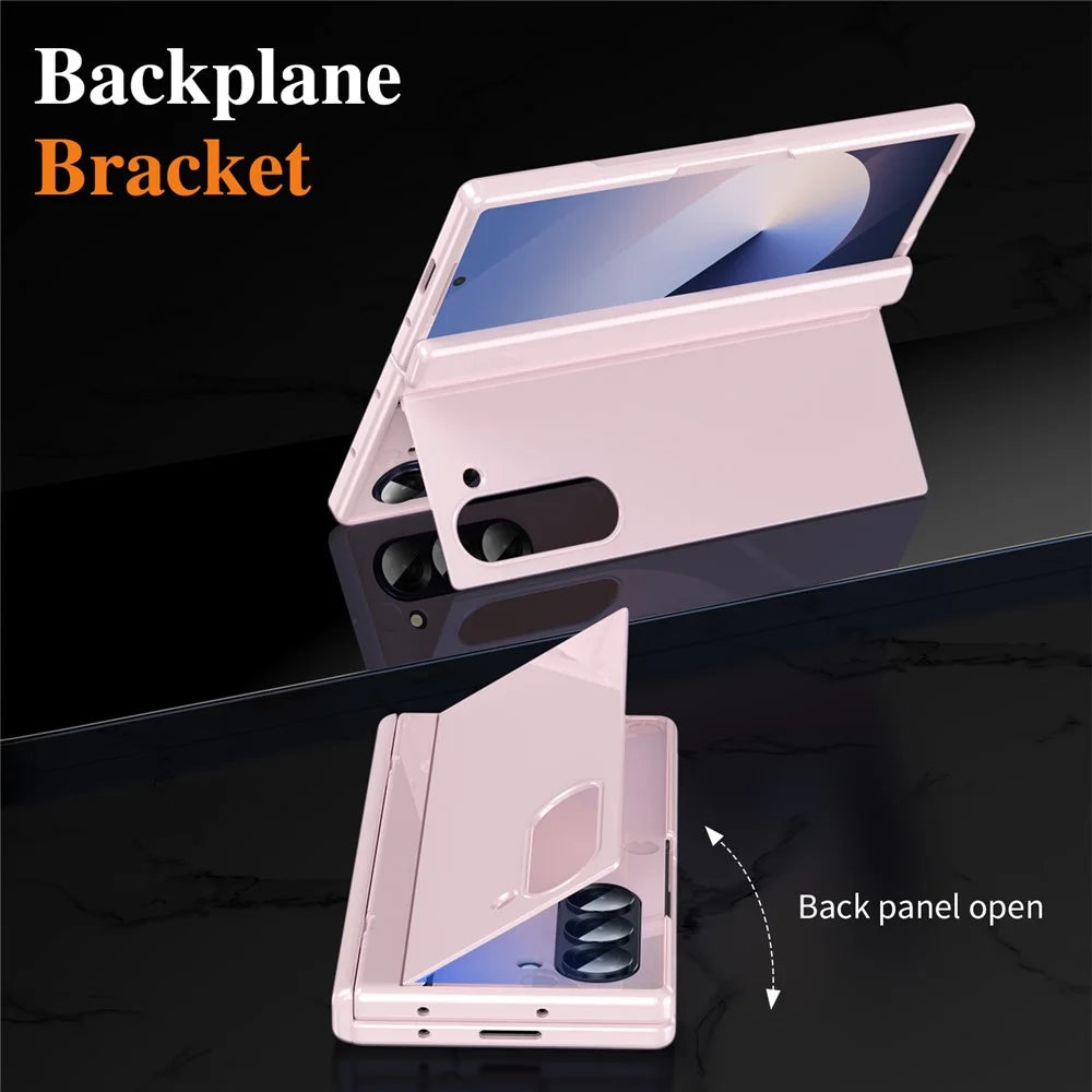 For Samsung Galaxy Z Fold6 5G PC Phone Case with Back Cover Kickstand and Tempered Glass Film - Pink - 3