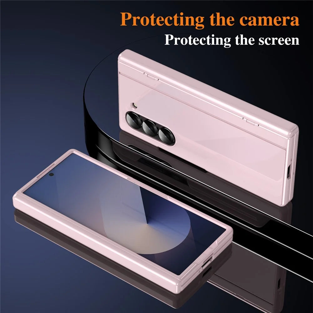 For Samsung Galaxy Z Fold6 5G PC Phone Case with Back Cover Kickstand and Tempered Glass Film - Pink - 5