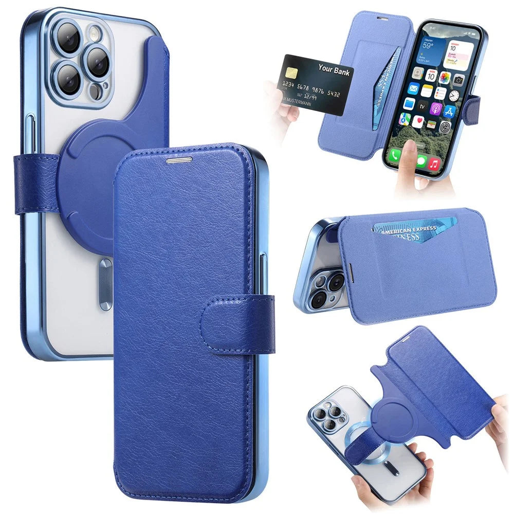 For iPhone 13 Pro Max Case Compatible with MagSafe Detachable Leather Phone Cover with Lens Film - Blue - 1