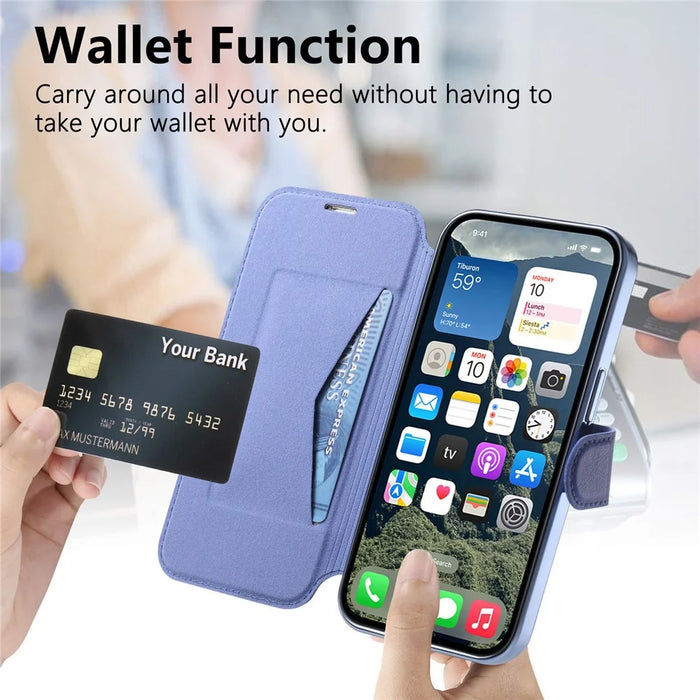 For iPhone 13 Pro Max Case Compatible with MagSafe Detachable Leather Phone Cover with Lens Film - Blue - 7