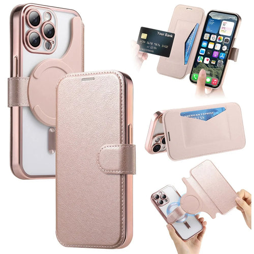 For iPhone 13 Pro Case Compatible with MagSafe Detachable Leather Phone Cover with Lens Film - Rose Gold - 1