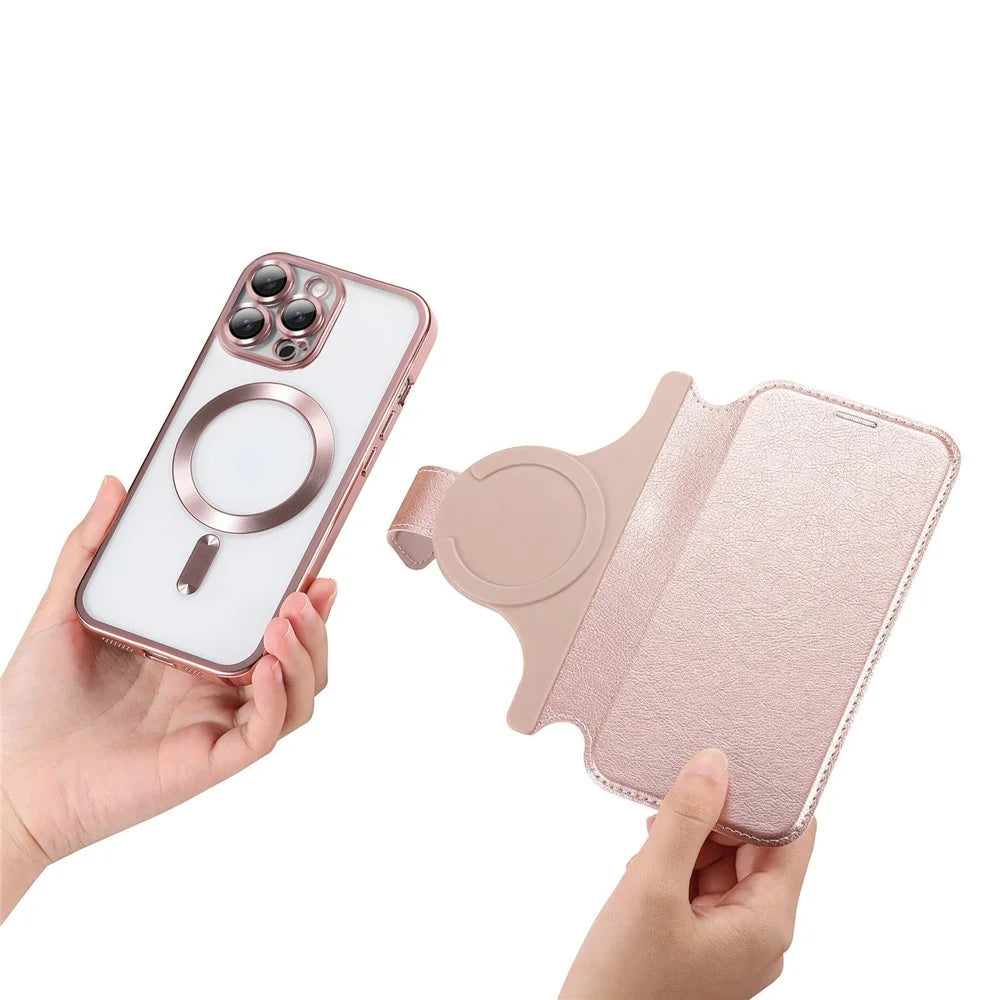 For iPhone 13 Pro Case Compatible with MagSafe Detachable Leather Phone Cover with Lens Film - Rose Gold - 5