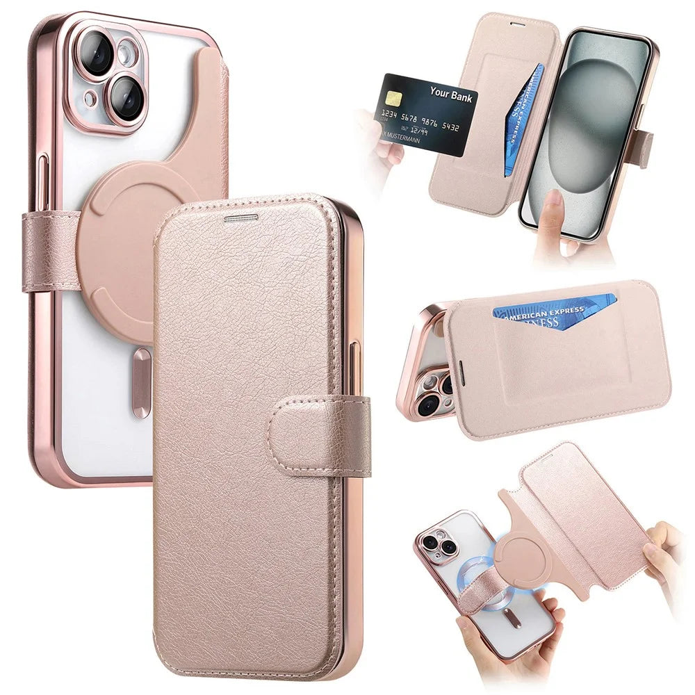 For iPhone 13 Case Compatible with MagSafe Detachable Leather Phone Cover with Lens Film - Rose Gold - 1