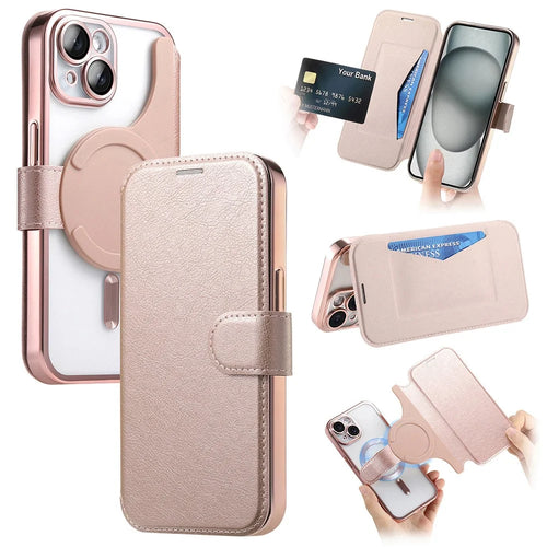 For iPhone 13 Case Compatible with MagSafe Detachable Leather Phone Cover with Lens Film - Rose Gold - 1