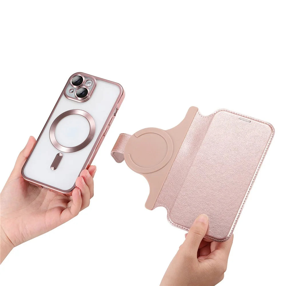 For iPhone 13 Case Compatible with MagSafe Detachable Leather Phone Cover with Lens Film - Rose Gold - 6