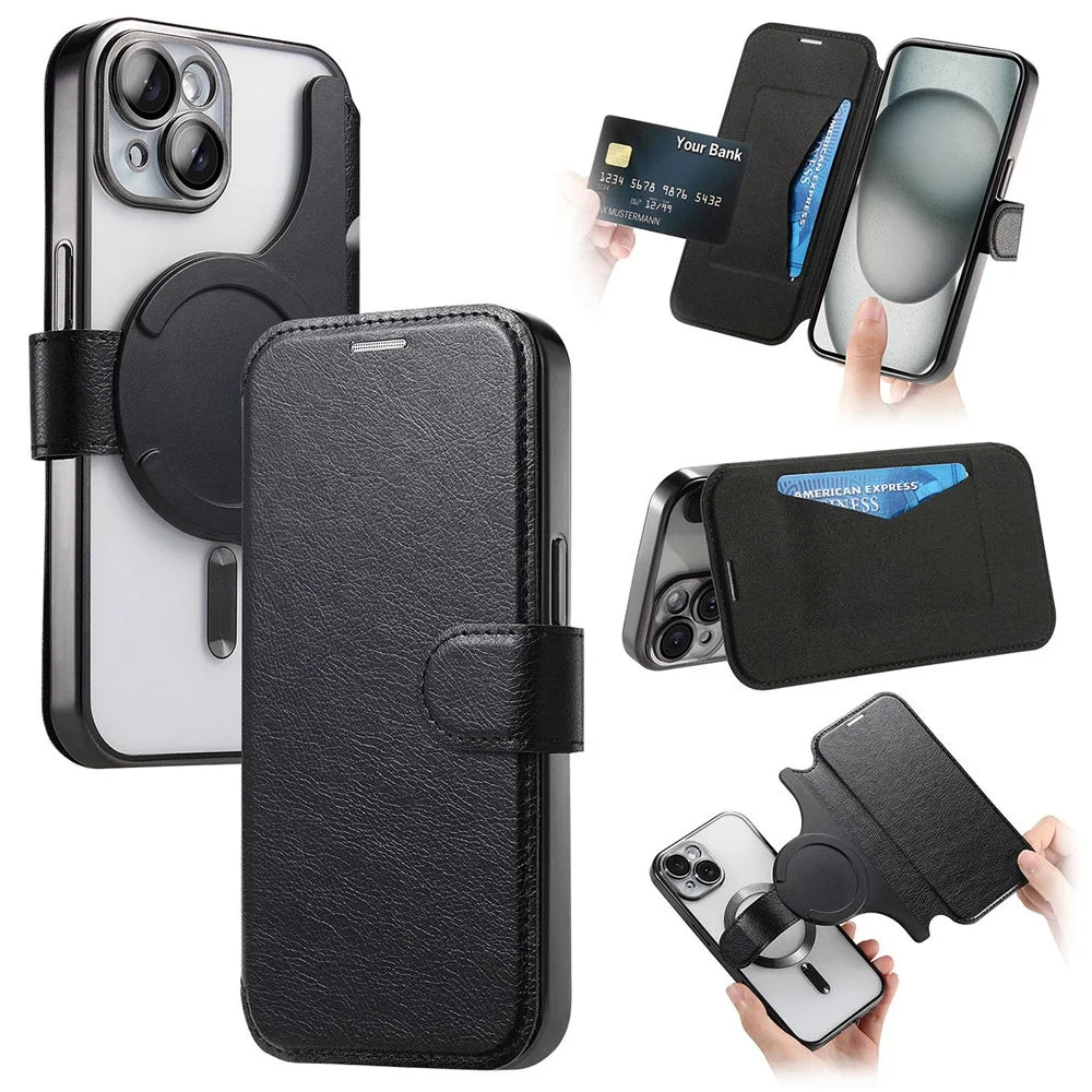 For iPhone 14 Plus Case Compatible with MagSafe Detachable Leather Phone Cover with Lens Film - Black - 1