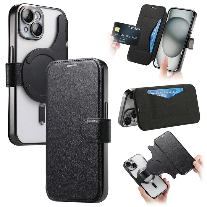 For iPhone 14 Plus Case Compatible with MagSafe Detachable Leather Phone Cover with Lens Film - Black - 1