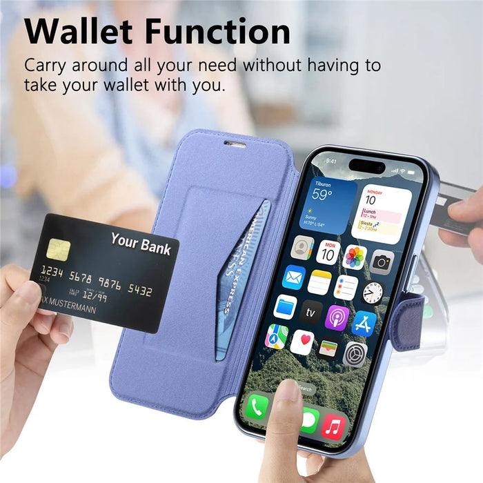 For iPhone 14 Pro Max Case Compatible with MagSafe Detachable Leather Phone Cover with Lens Film - Blue - 7