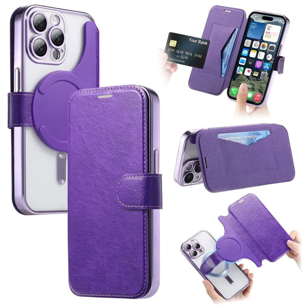 For iPhone 14 Pro Case Compatible with MagSafe Detachable Leather Phone Cover with Lens Film - Light Purple - 1