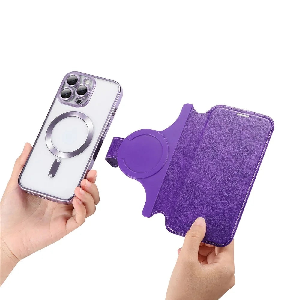 For iPhone 14 Pro Case Compatible with MagSafe Detachable Leather Phone Cover with Lens Film - Light Purple - 5
