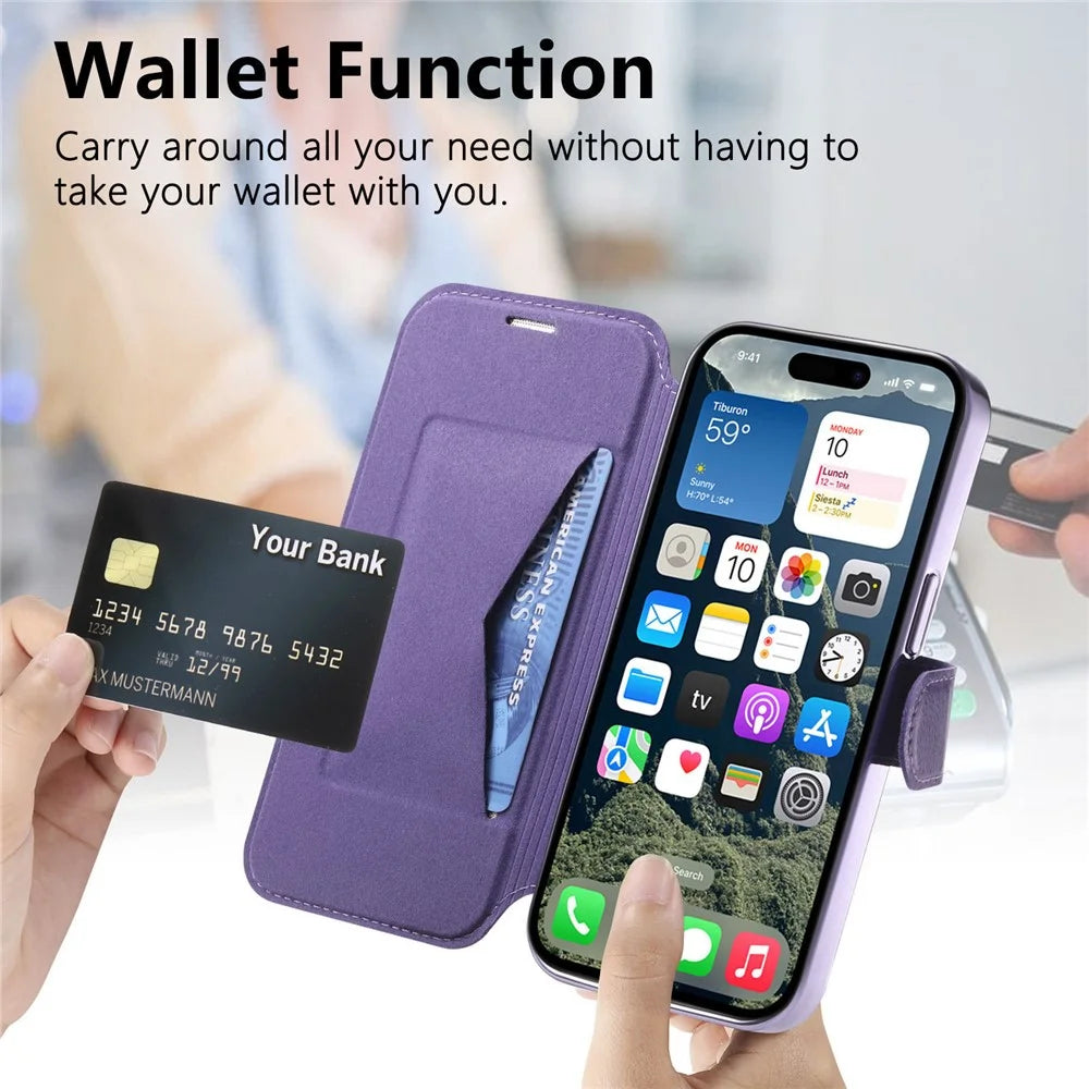 For iPhone 14 Pro Case Compatible with MagSafe Detachable Leather Phone Cover with Lens Film - Light Purple - 7