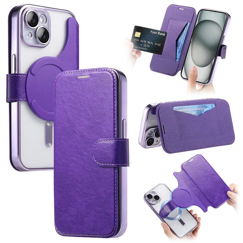 For iPhone 14 Case Compatible with MagSafe Detachable Leather Phone Cover with Lens Film - Light Purple - 1