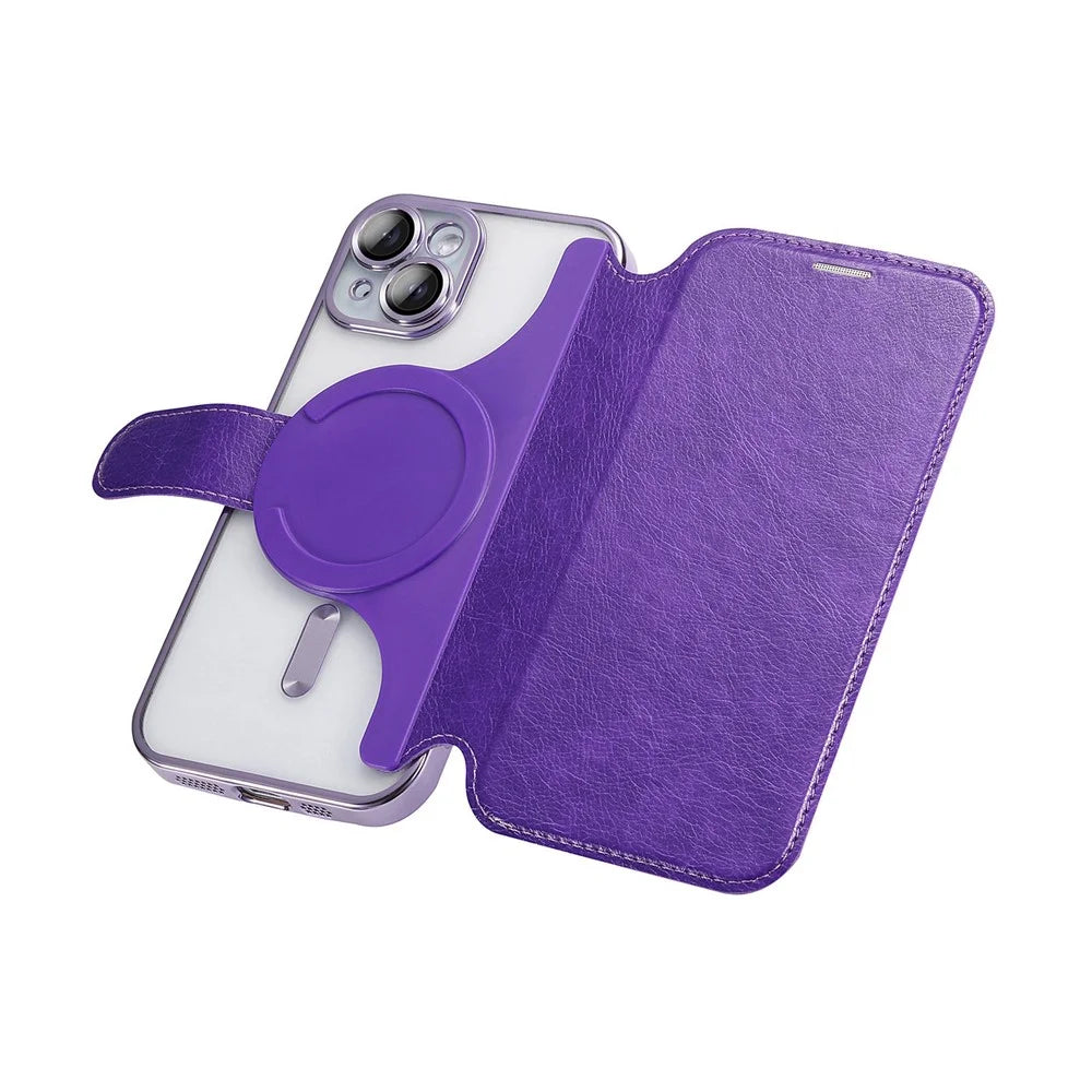 For iPhone 14 Case Compatible with MagSafe Detachable Leather Phone Cover with Lens Film - Light Purple - 5