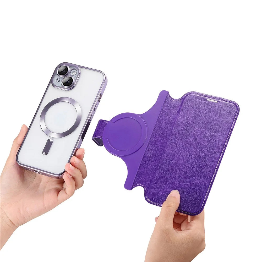 For iPhone 14 Case Compatible with MagSafe Detachable Leather Phone Cover with Lens Film - Light Purple - 6