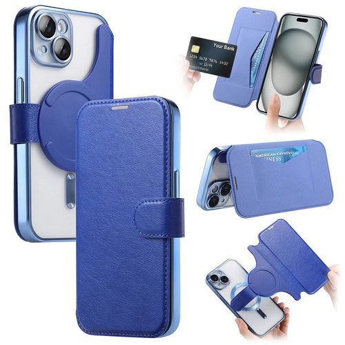 For iPhone 15 Plus Case Compatible with MagSafe Detachable Leather Phone Cover with Lens Film - Blue - 1