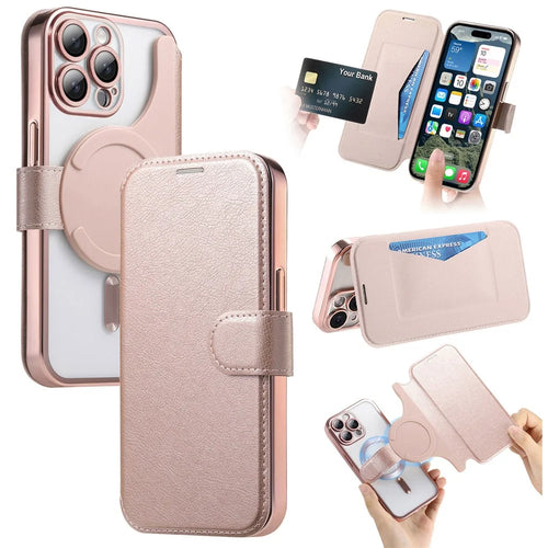 For iPhone 15 Pro Case Compatible with MagSafe Detachable Leather Phone Cover with Lens Film - Rose Gold - 1