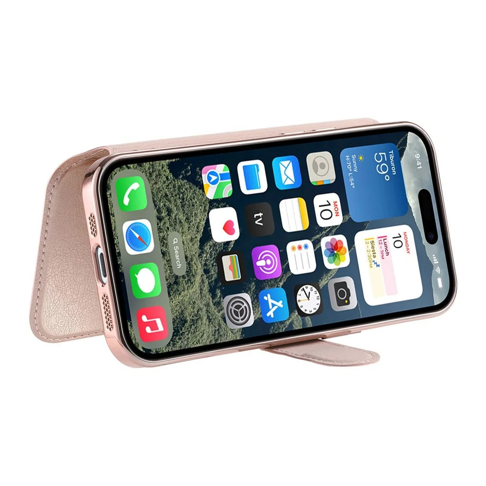 For iPhone 15 Pro Case Compatible with MagSafe Detachable Leather Phone Cover with Lens Film - Rose Gold - 3