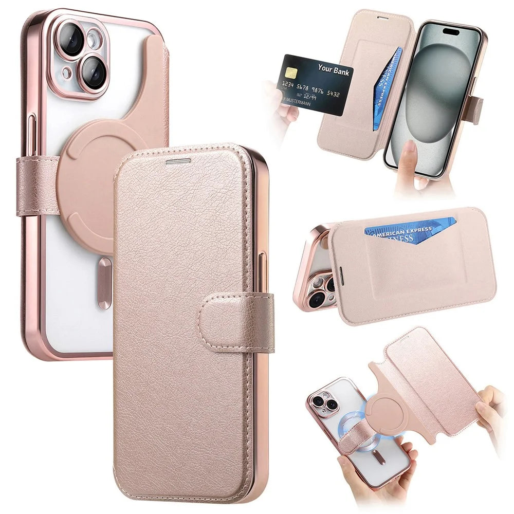 For iPhone 15 Case Compatible with MagSafe Detachable Leather Phone Cover with Lens Film - Rose Gold - 1
