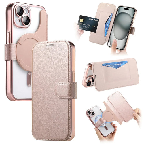 For iPhone 15 Case Compatible with MagSafe Detachable Leather Phone Cover with Lens Film - Rose Gold - 1