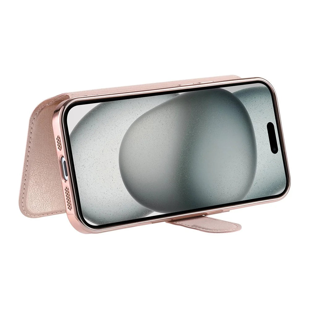 For iPhone 15 Case Compatible with MagSafe Detachable Leather Phone Cover with Lens Film - Rose Gold - 3