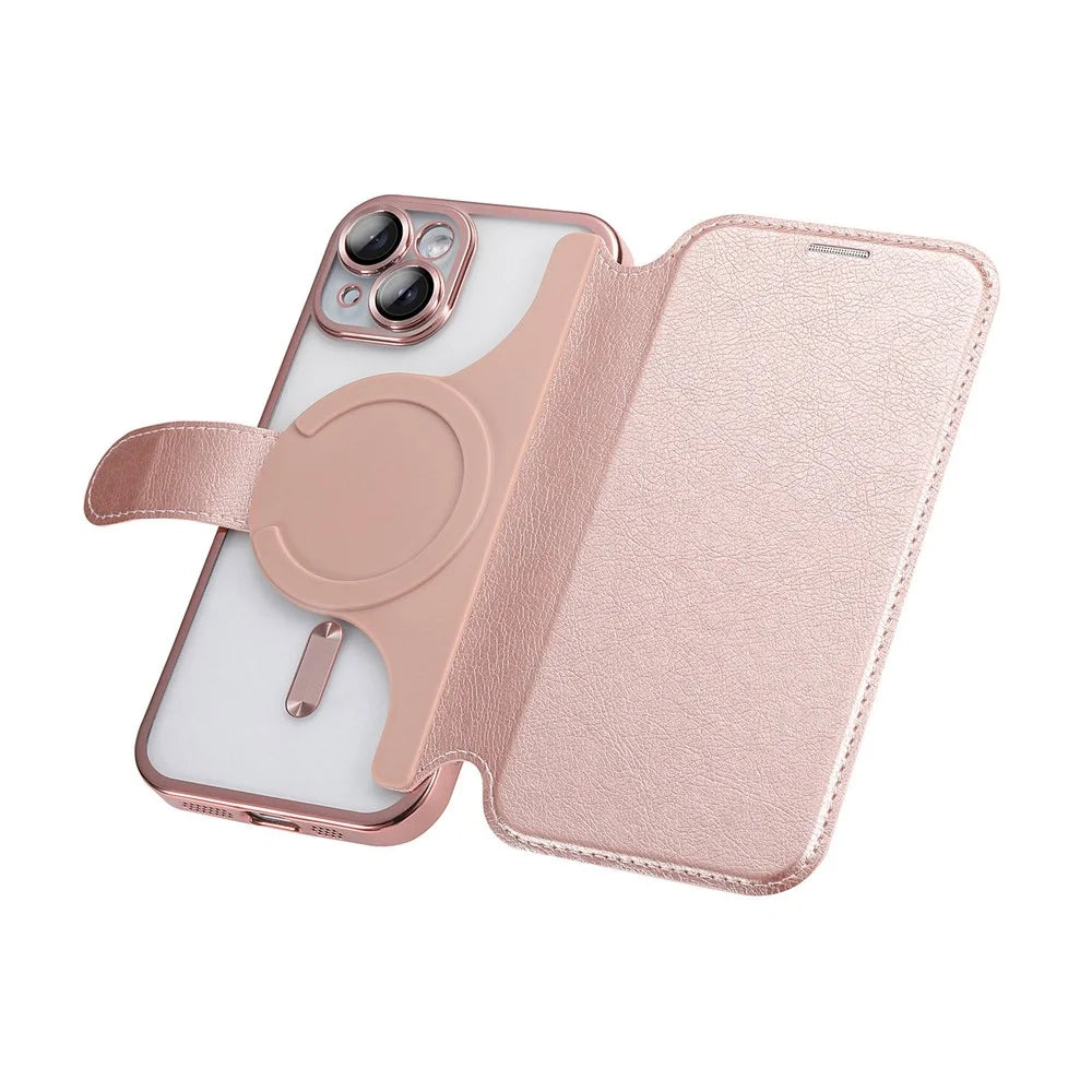 For iPhone 15 Case Compatible with MagSafe Detachable Leather Phone Cover with Lens Film - Rose Gold - 5