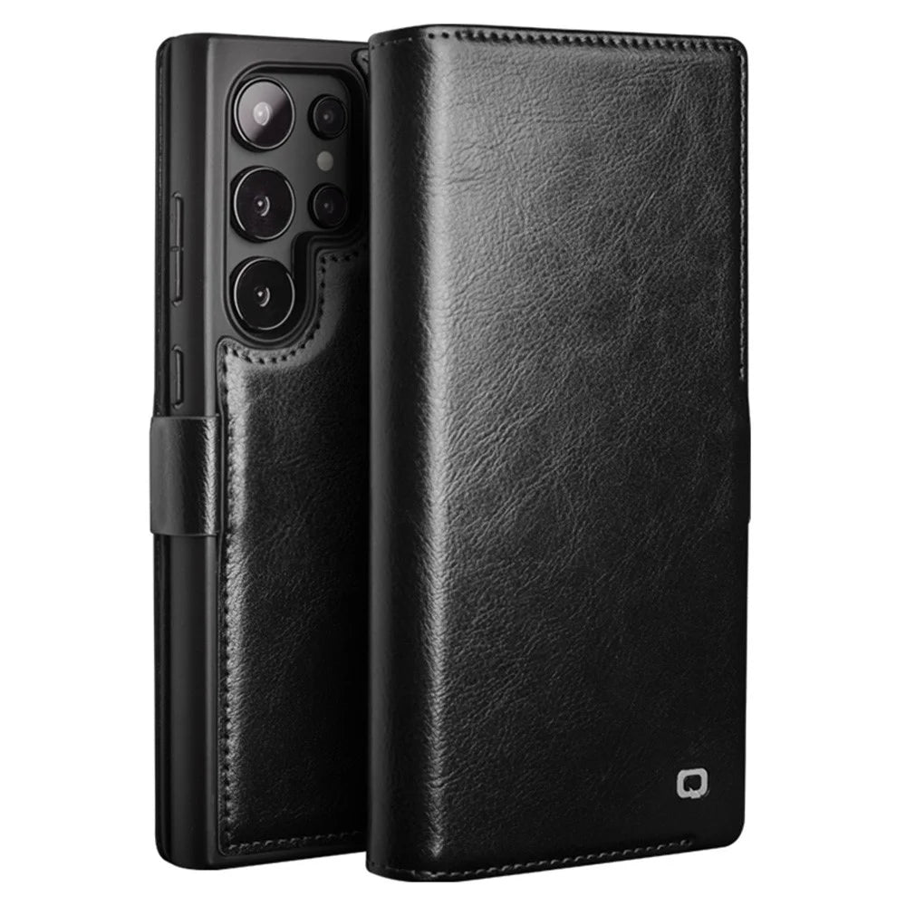 QIALINO For Samsung Galaxy S25 Ultra Case Genuine Cow Leather Wallet Phone Cover with Magnetic Closure - Black - 1