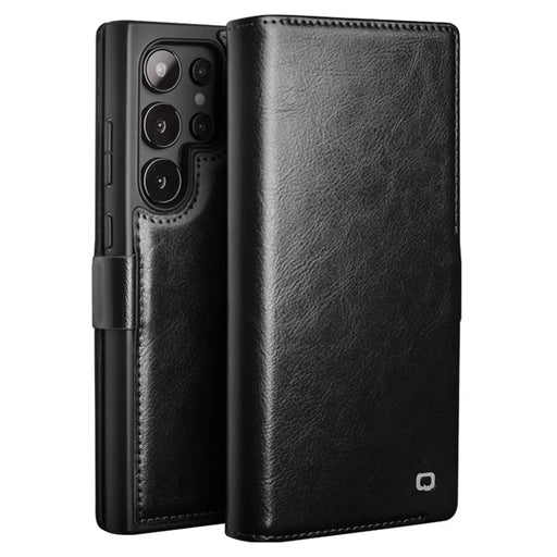 QIALINO For Samsung Galaxy S25 Ultra Case Genuine Cow Leather Wallet Phone Cover with Magnetic Closure - Black - 1