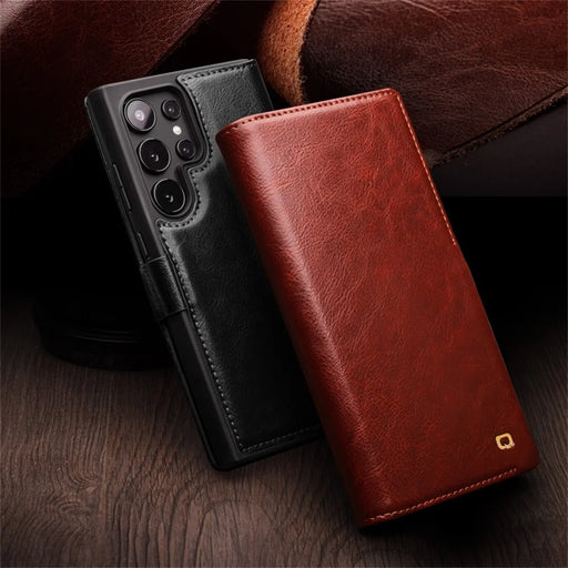 QIALINO For Samsung Galaxy S25 Ultra Case Genuine Cow Leather Wallet Phone Cover with Magnetic Closure - Black - 2