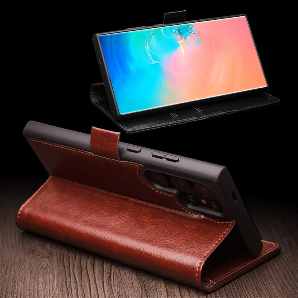 QIALINO For Samsung Galaxy S25 Ultra Case Genuine Cow Leather Wallet Phone Cover with Magnetic Closure - Black - 4