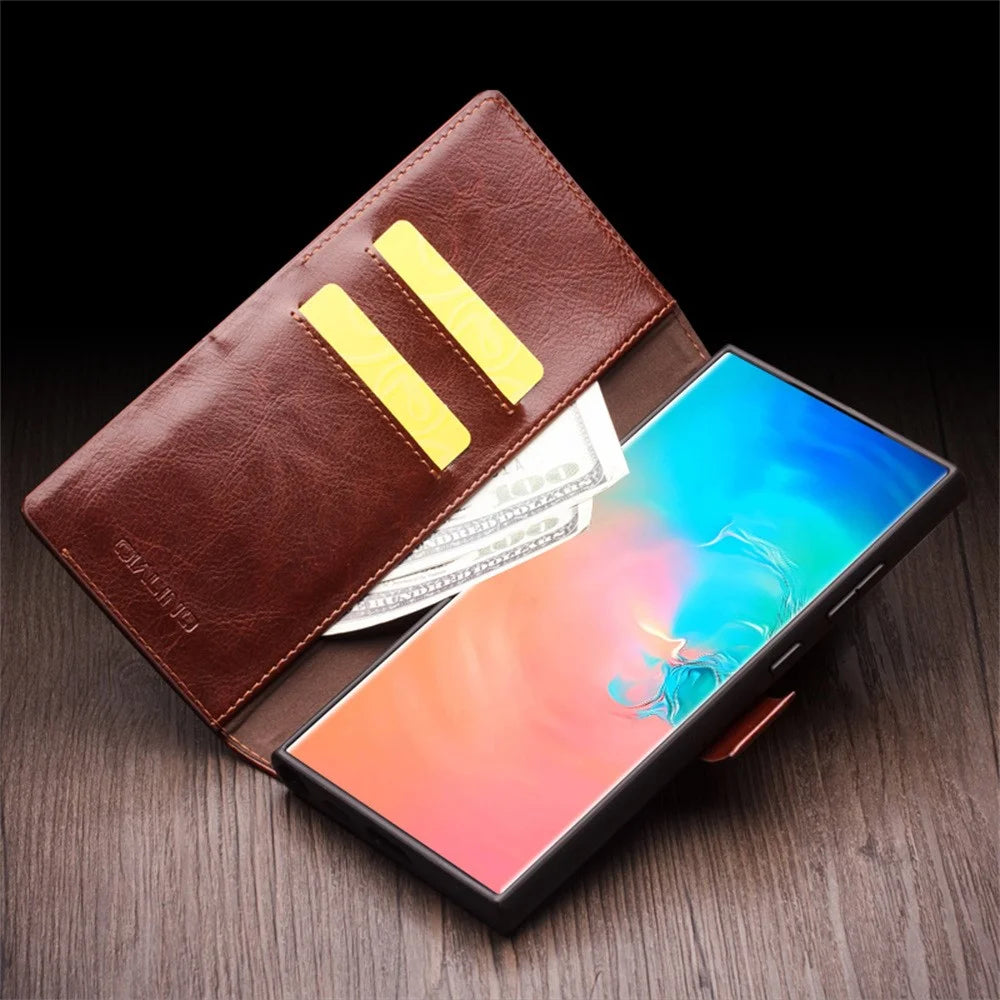 QIALINO For Samsung Galaxy S25 Ultra Case Genuine Cow Leather Wallet Phone Cover with Magnetic Closure - Black - 5
