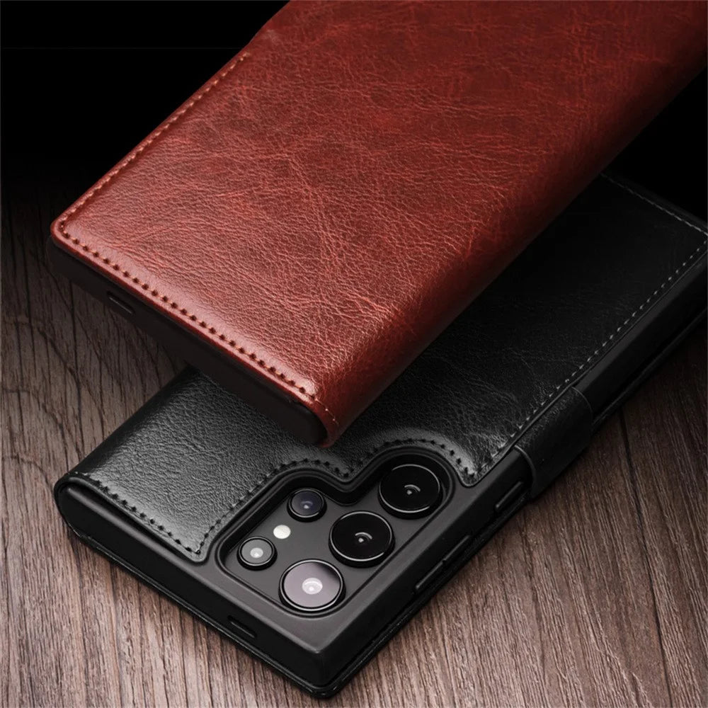 QIALINO For Samsung Galaxy S25 Ultra Case Genuine Cow Leather Wallet Phone Cover with Magnetic Closure - Black - 6