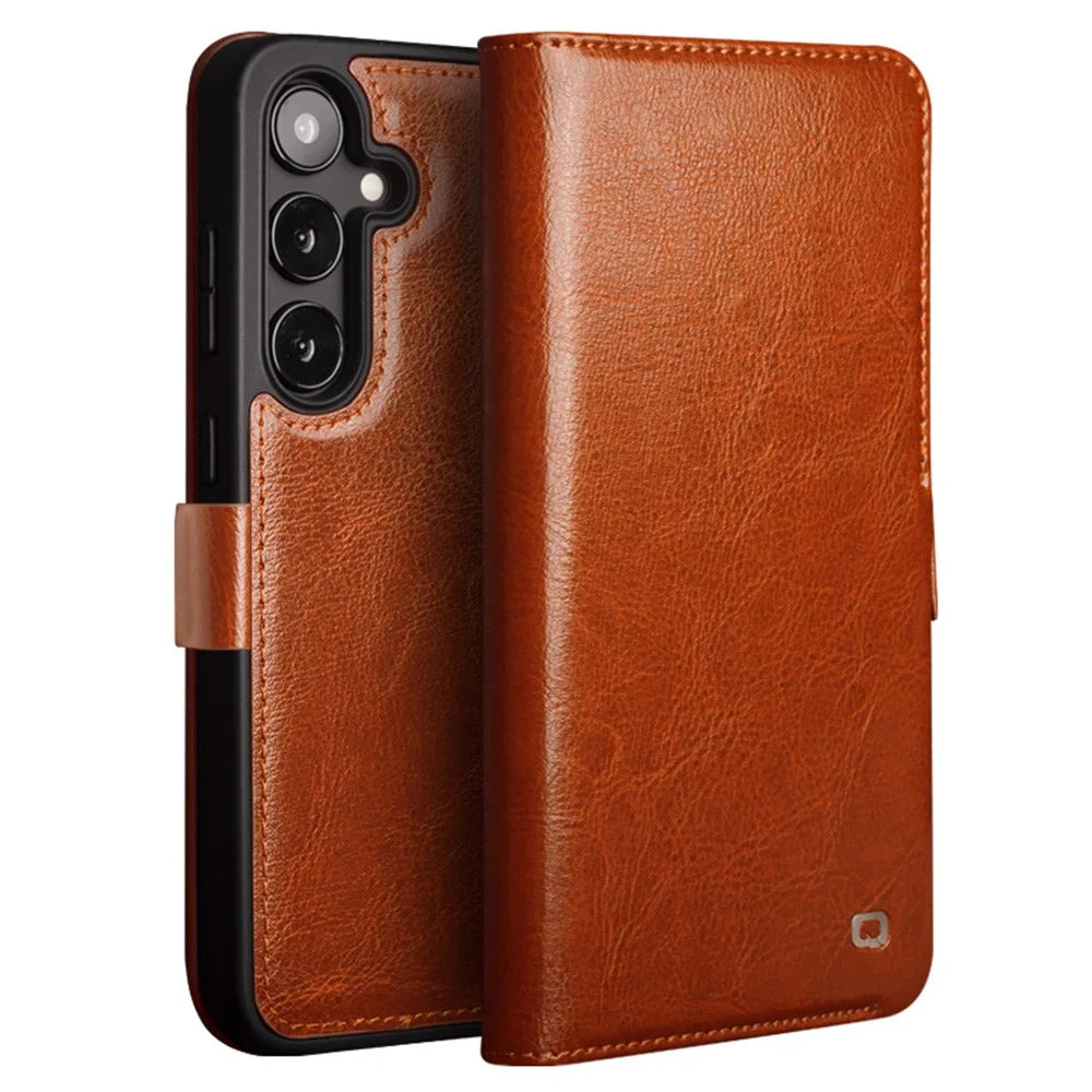 QIALINO For Samsung Galaxy S25 Case Genuine Cow Leather Wallet Phone Cover with Magnetic Closure - Light Brown - 1