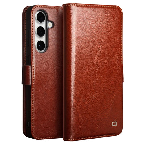QIALINO For Samsung Galaxy S24 FE Case with Card Holder Genuine Cow Leather Stand Phone Cover - Brown - 1