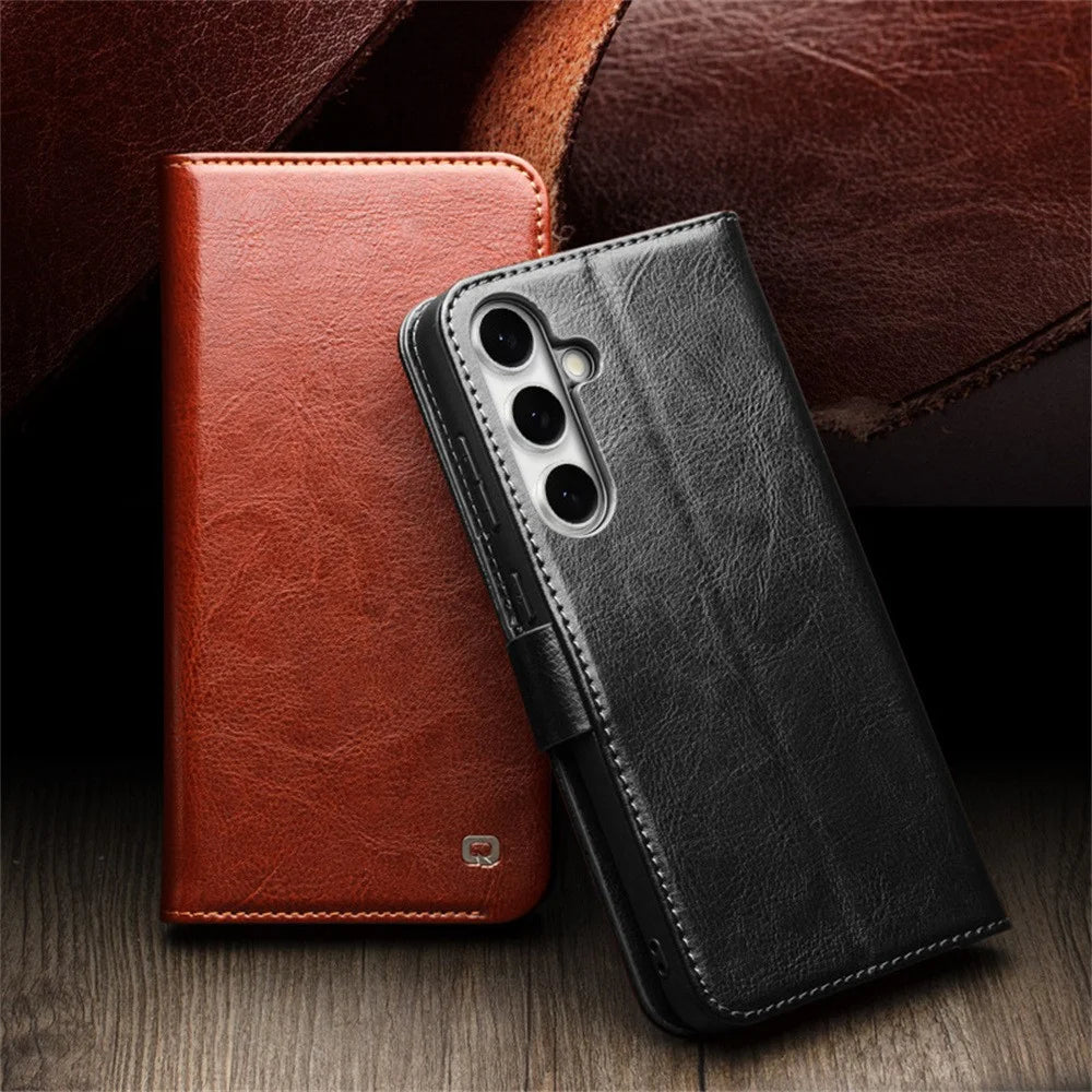 QIALINO For Samsung Galaxy S24 FE Case with Card Holder Genuine Cow Leather Stand Phone Cover - Brown - 2