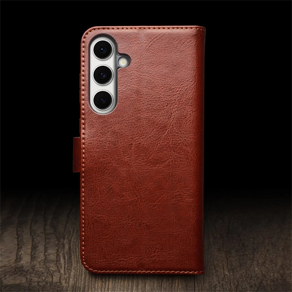 QIALINO For Samsung Galaxy S24 FE Case with Card Holder Genuine Cow Leather Stand Phone Cover - Brown - 3