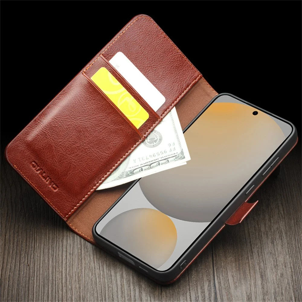 QIALINO For Samsung Galaxy S24 FE Case with Card Holder Genuine Cow Leather Stand Phone Cover - Brown - 5